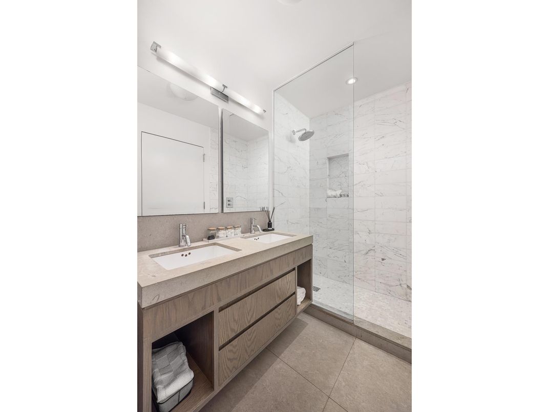 Bathroom, Dual Sink Vanities, Glass Shower, Interior, Marble Walls, Recessed Lighting