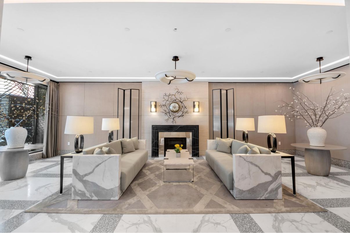 Fireplace, Interior, Living room, Marble, Pendant Lights, Recessed Lighting