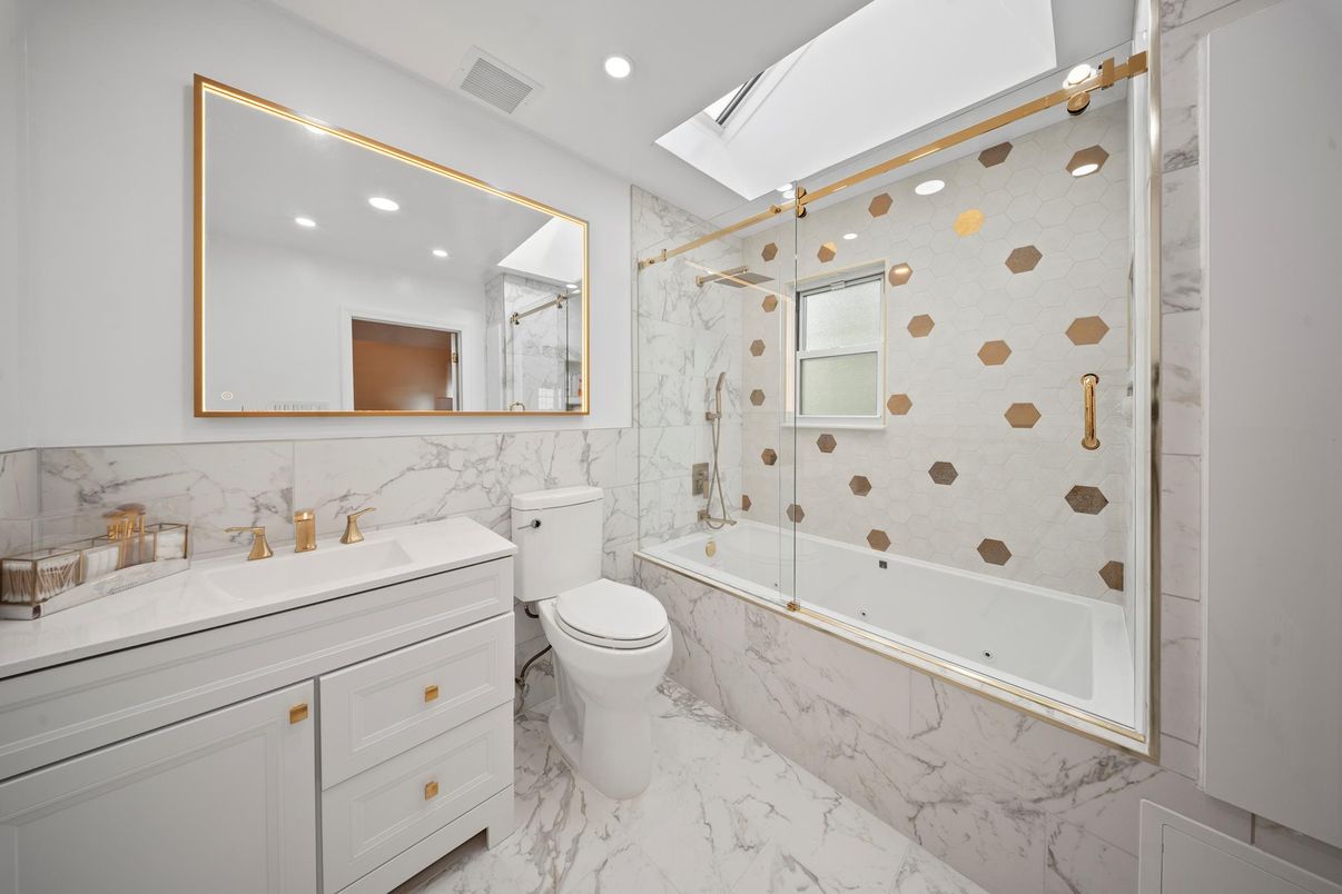 Bathroom, Glass Shower, Interior, Marble, Marble Walls, Recessed Lighting