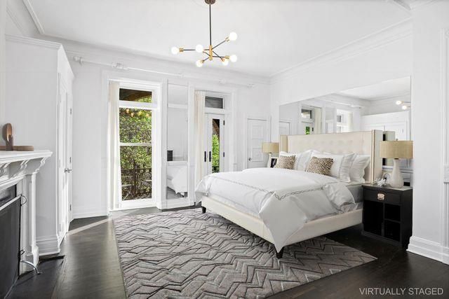 Bedroom, Fireplace, Interior, Pendant Lights, Wood Texture Flooring