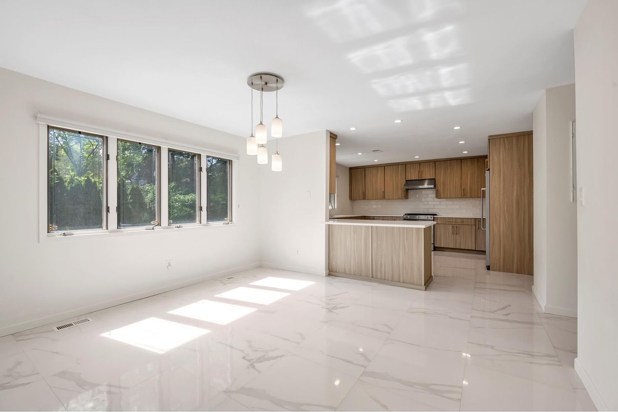 Interior, Kitchen, Marble, Pendant Lights, Recessed Lighting, Stainless Steel Appliances