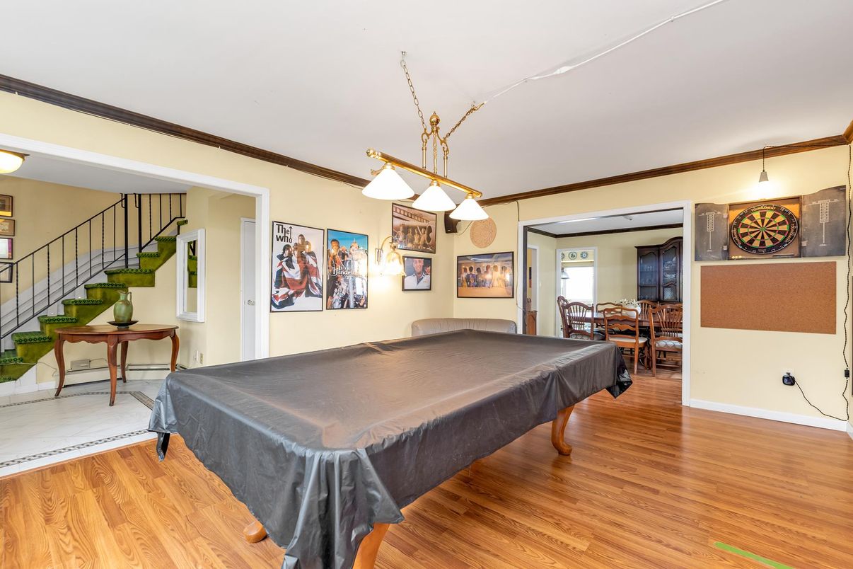 Billiard Table, Game Room, Interior, Pendant Lights, Wood Texture Flooring