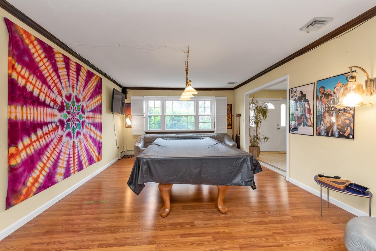 Billiard Table, Game Room, Interior, Pendant Lights, Wood Texture Flooring