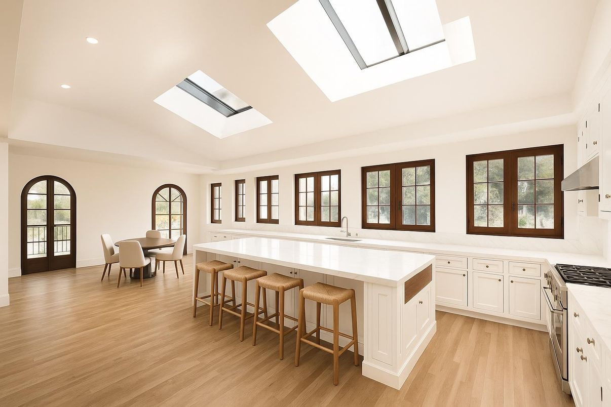 Dining room, Glass Ceilings, Interior, Kitchen, Recessed Lighting, Wood Texture Flooring
