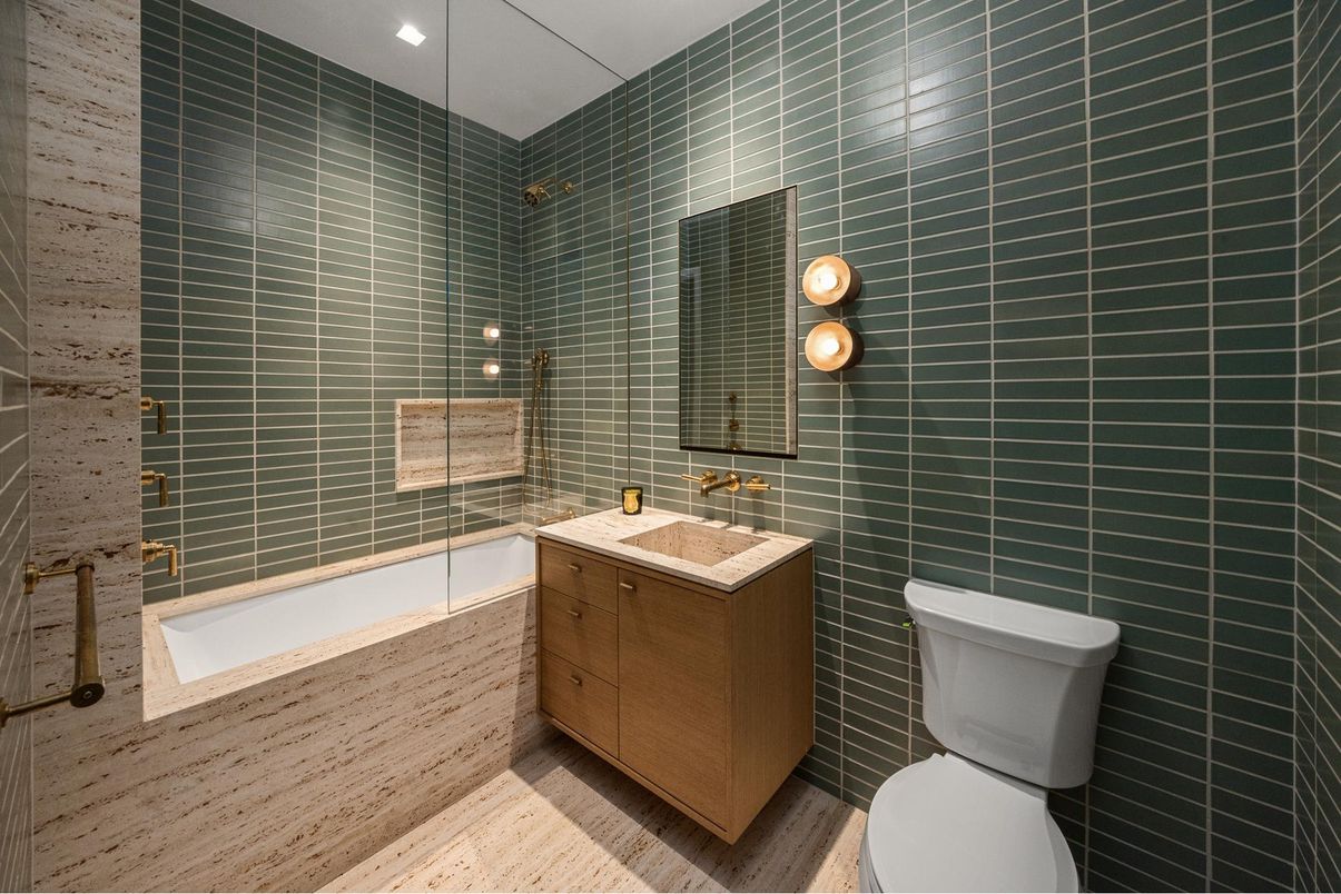 Bathroom, Glass Shower, Interior, Recessed Lighting, Wood Texture Flooring