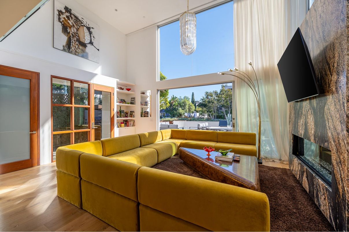 Fireplace, Interior, Living room, Pendant Lights, Wood Texture Flooring