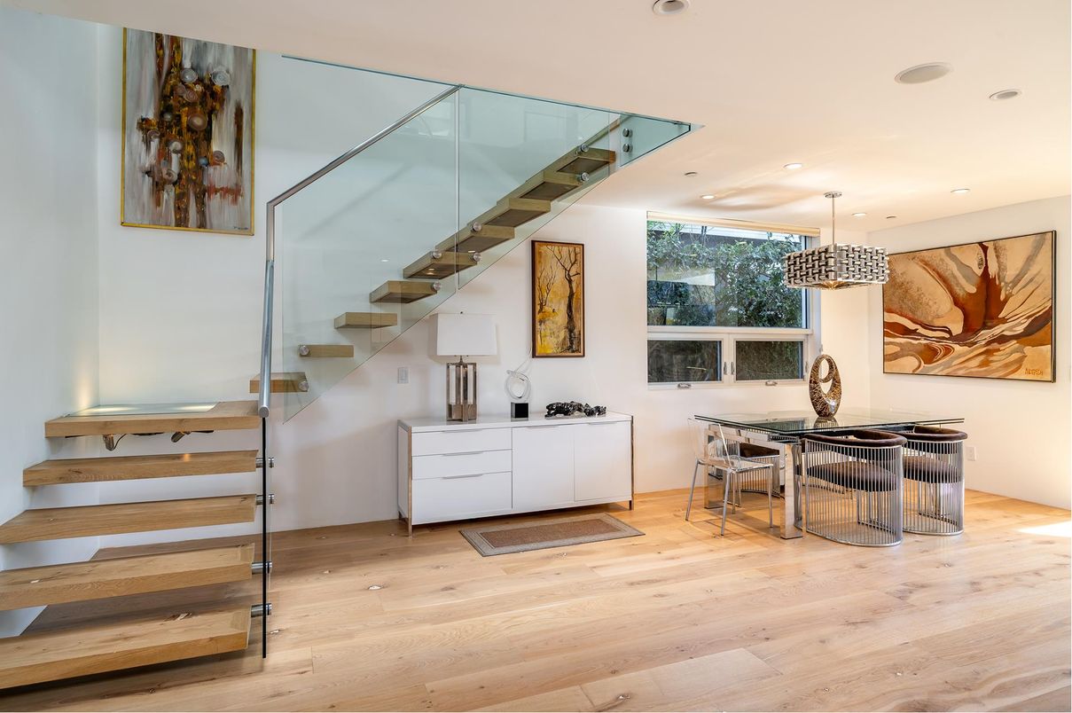 Dining room, Interior, Pendant Lights, Recessed Lighting, Wood Texture Flooring