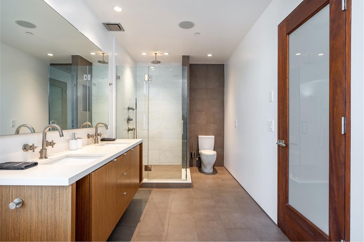 Bathroom, Dual Sink Vanities, Glass Shower, Interior, Recessed Lighting