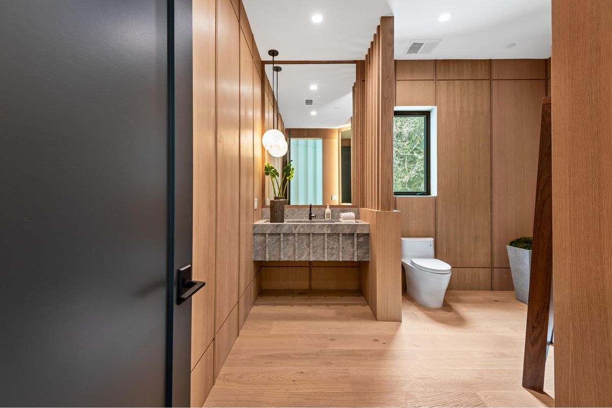 Bathroom, Interior, Recessed Lighting, Wood Texture Flooring, Wooden Walls
