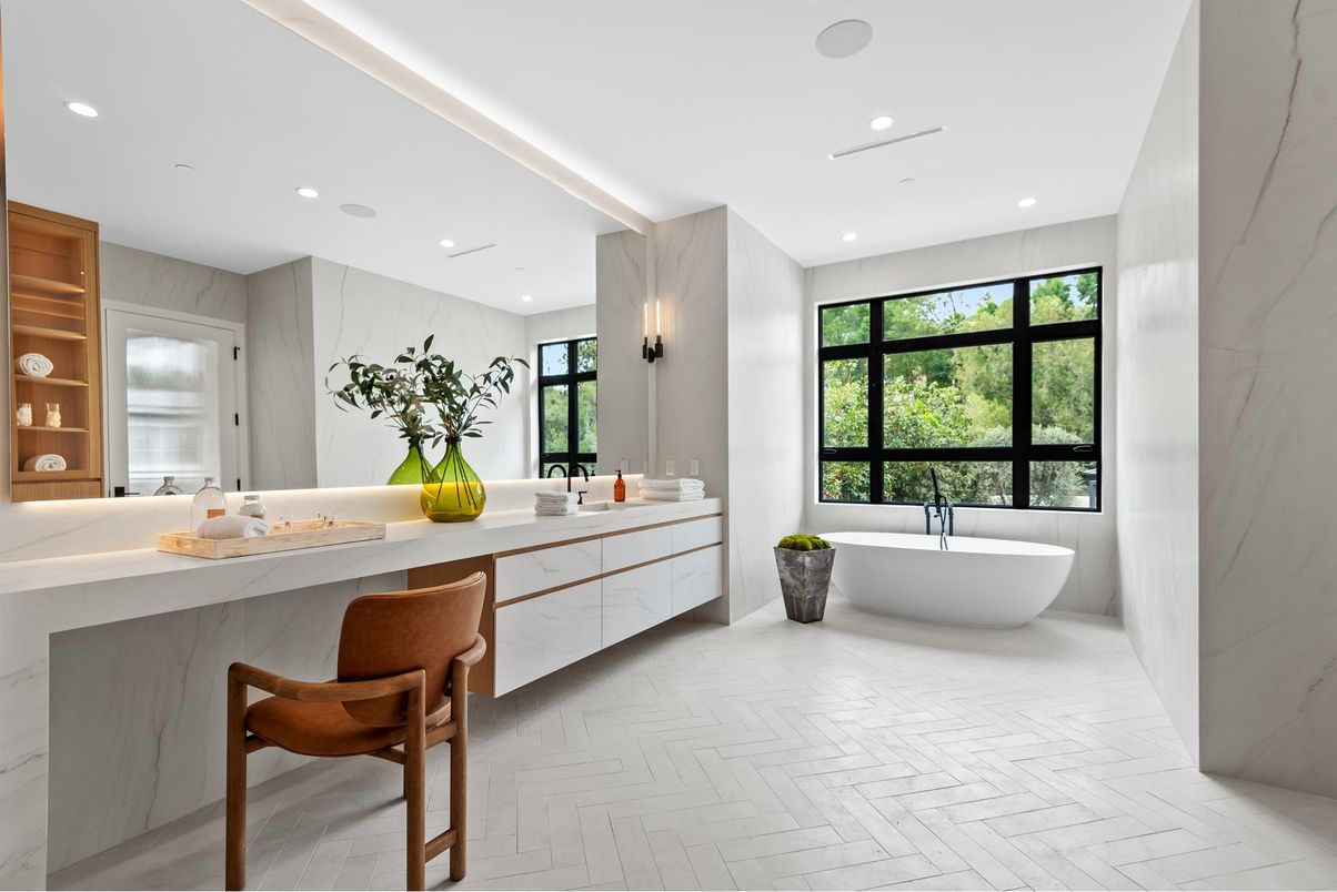 Bathroom, Dual Sink Vanities, Free Standing Baths, Interior, Marble, Marble Walls, Recessed Lighting