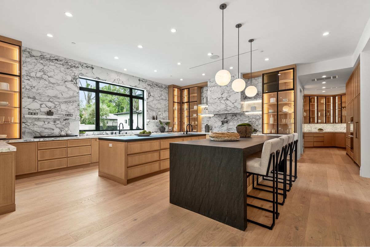 Interior, Kitchen, Marble Walls, Pendant Lights, Recessed Lighting, Wood Texture Flooring