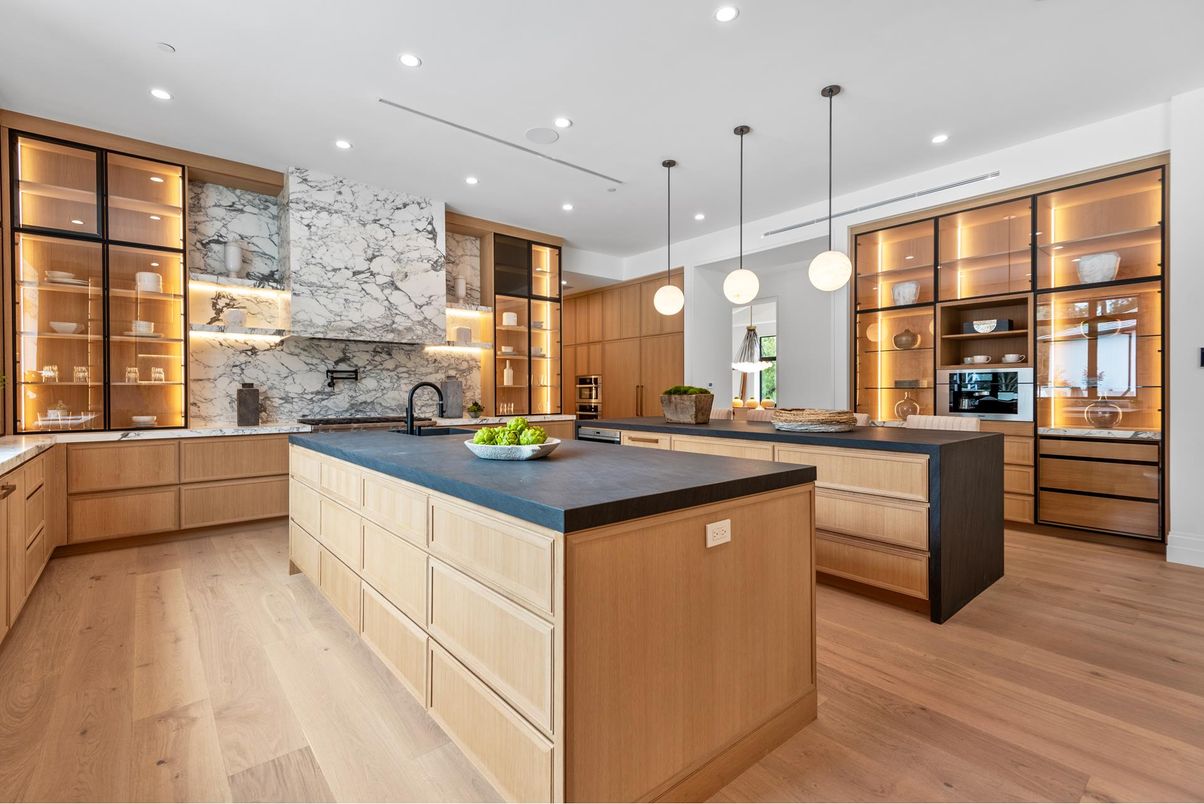 Interior, Kitchen, Marble Walls, Pendant Lights, Recessed Lighting, Wood Texture Flooring
