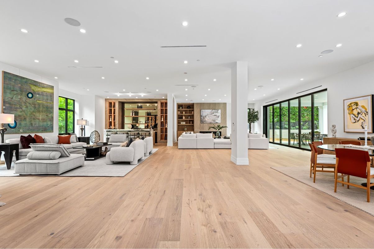 Dining room, Interior, Living room, Recessed Lighting, Wood Texture Flooring