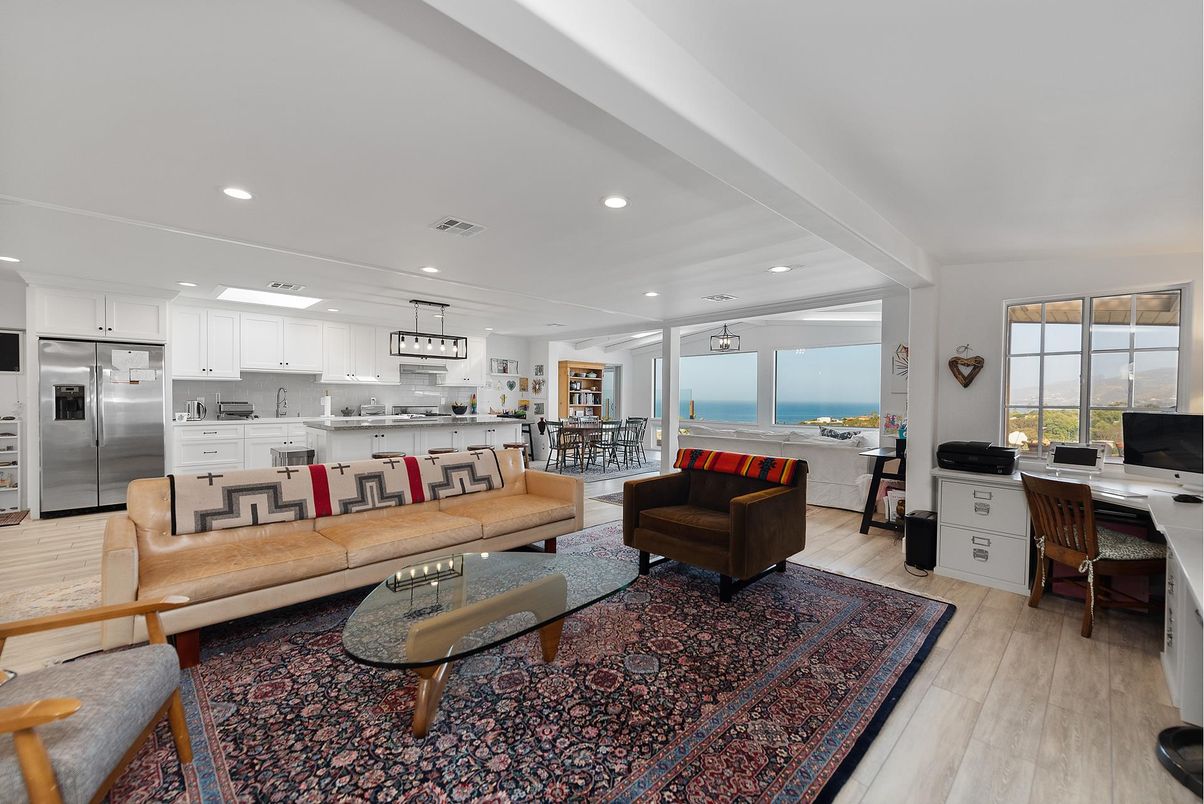 Dining room, Interior, Kitchen, Living room, Pendant Lights, Recessed Lighting, Stainless Steel Appliances, Water, Wood Texture Flooring