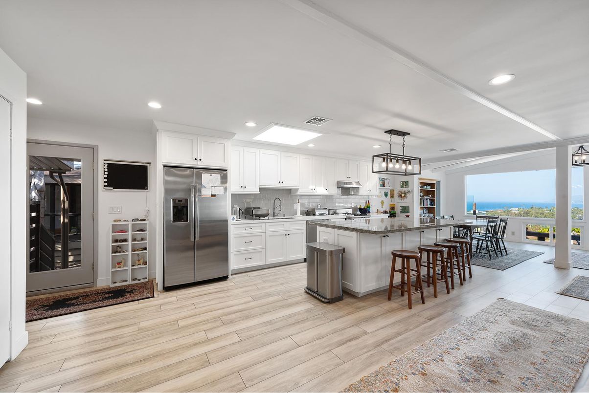 Interior, Kitchen, Pendant Lights, Recessed Lighting, Stainless Steel Appliances, Water, Wood Texture Flooring