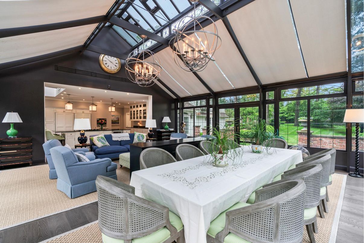 Chandelier, Dining room, Interior, Kitchen, Living room, Pendant Lights, Recessed Lighting, Wood Texture Flooring