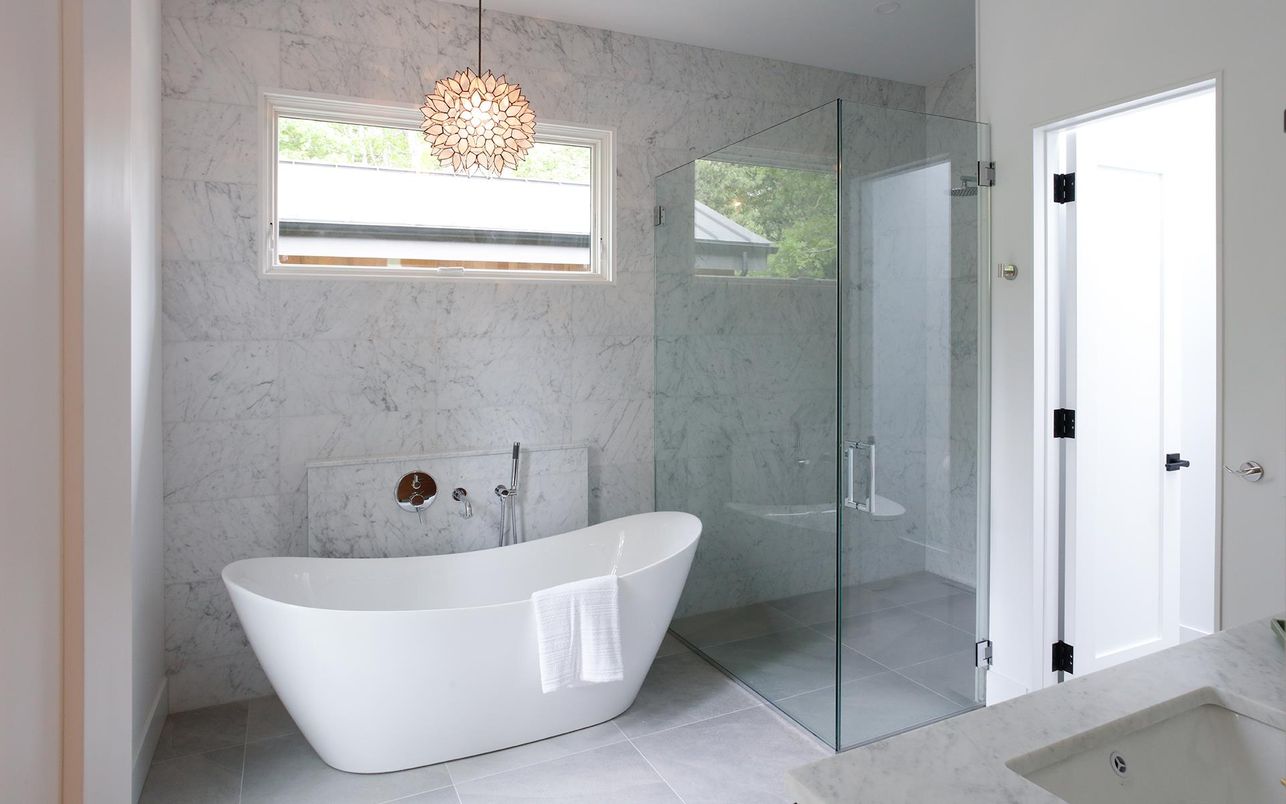 Bathroom, Free Standing Baths, Glass Shower, Interior, Marble Walls, Pendant Lights