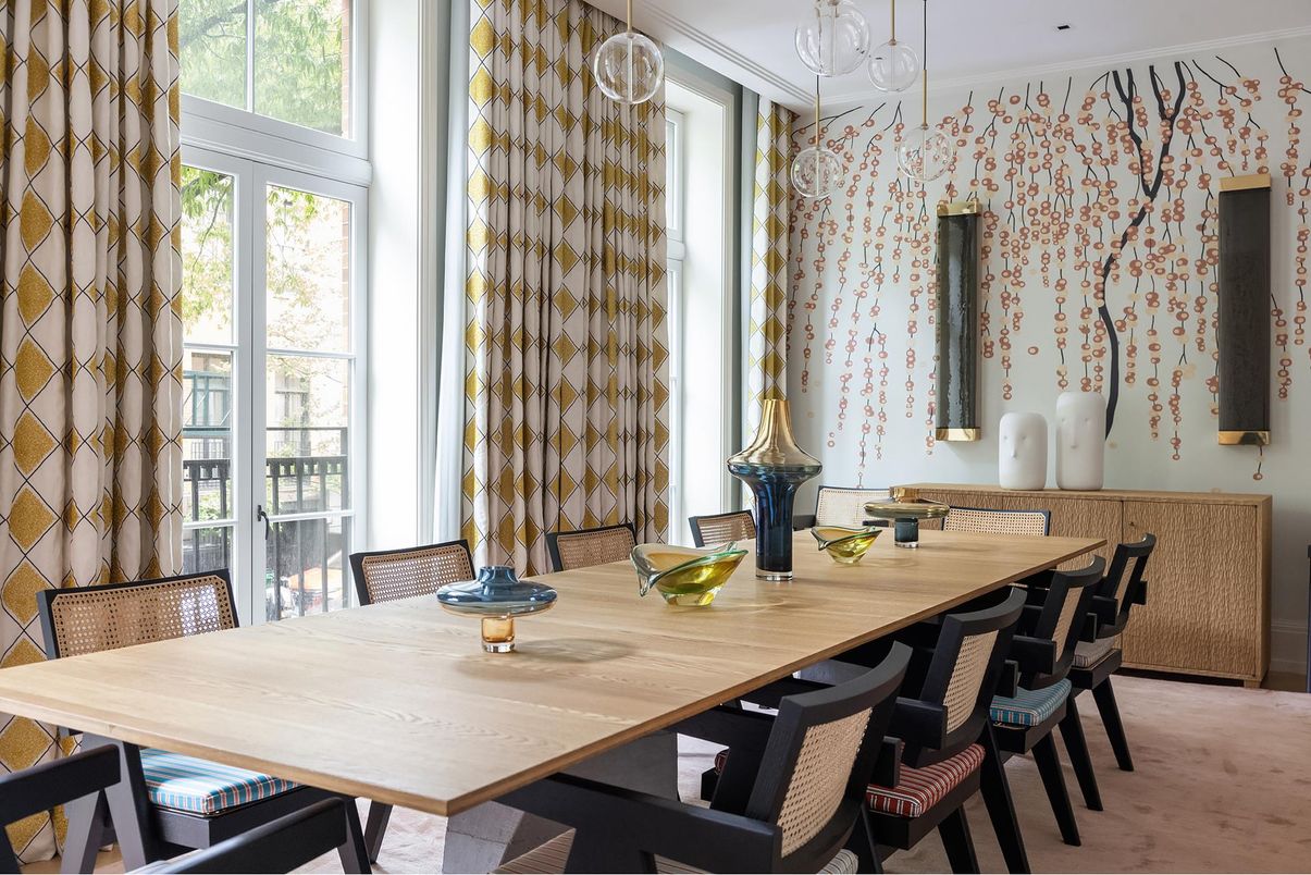 Dining room, Interior, Pendant Lights, Wood Texture Flooring