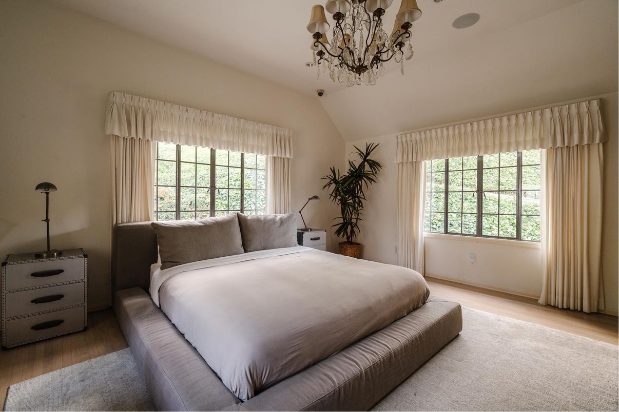 Bedroom, Chandelier, Interior, Wood Texture Flooring