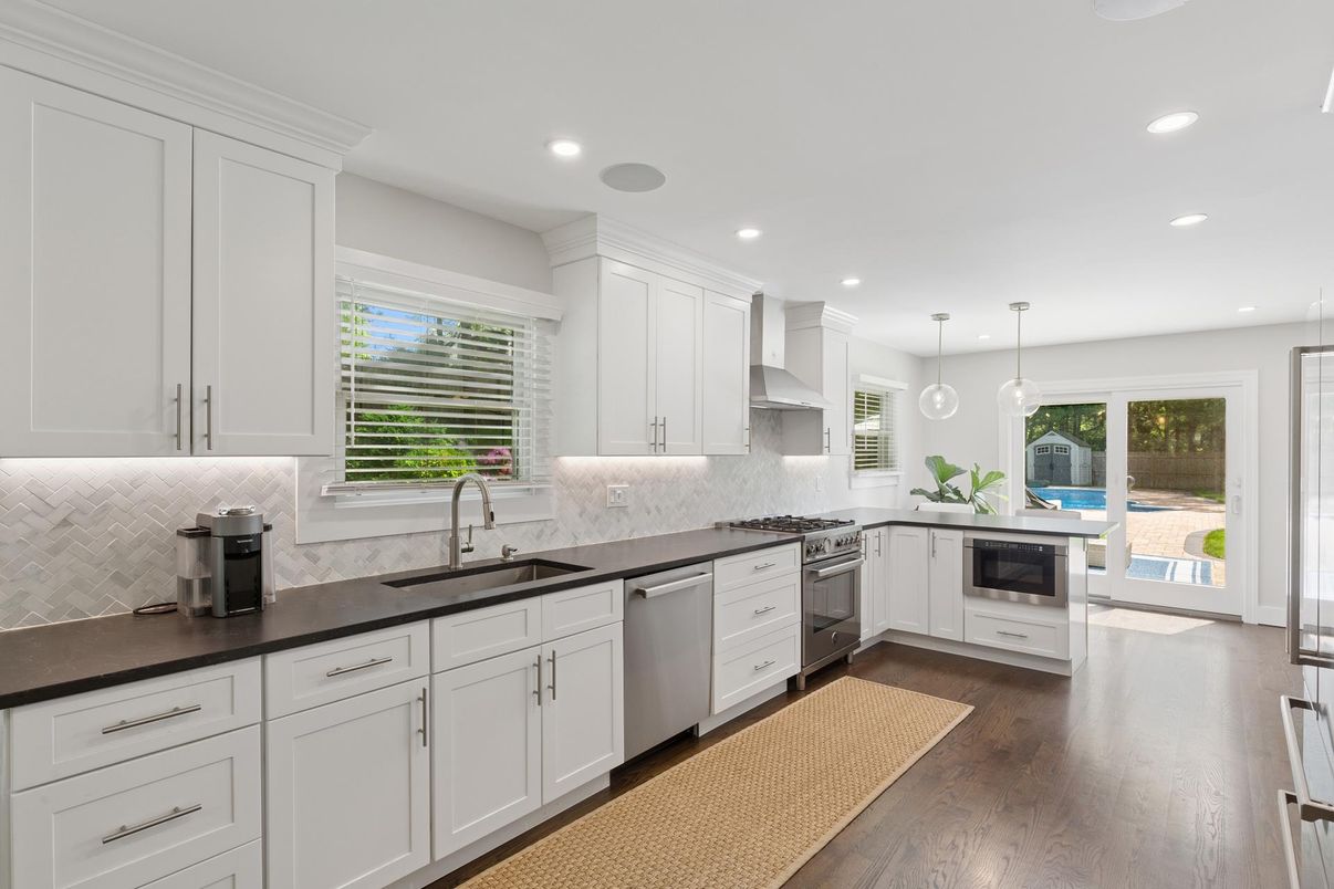 Interior, Kitchen, Pendant Lights, Recessed Lighting, Stainless Steel Appliances, Wood Texture Flooring