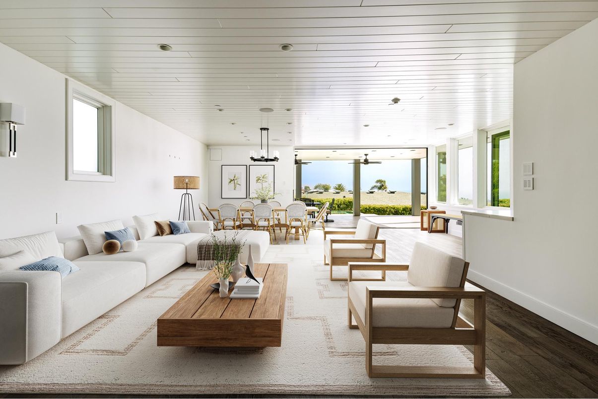 Dining room, Interior, Living room, Pendant Lights, Recessed Lighting, Water, Wood Texture Flooring