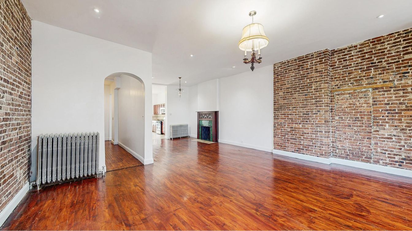 Empty room, Interior, Recessed Lighting, Stone Walls, Wood Texture Flooring