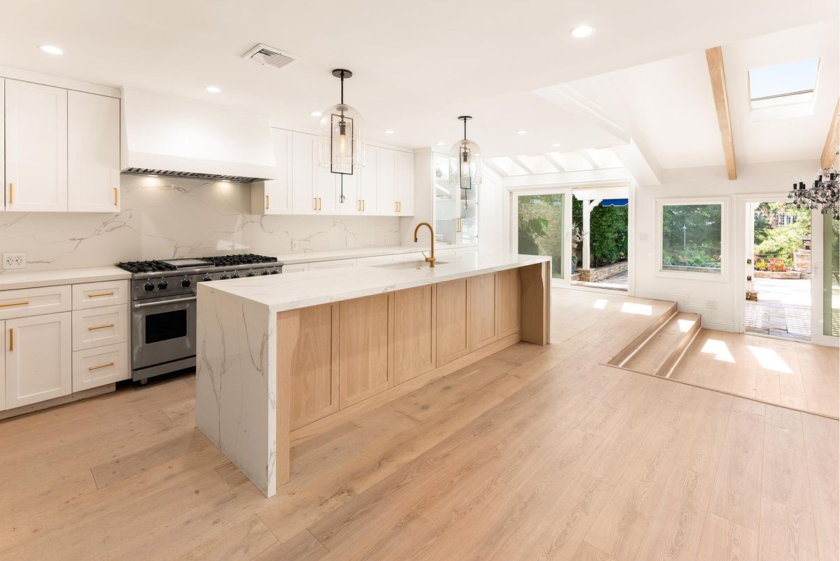Interior, Kitchen, Marble Walls, Pendant Lights, Recessed Lighting, Stainless Steel Appliances, Wooden Beams, Wood Texture Flooring