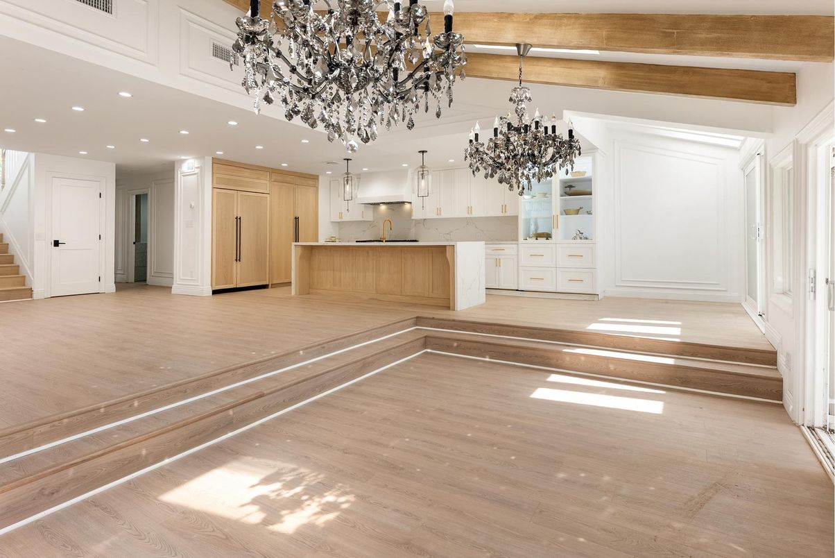 Chandelier, Interior, Kitchen, Pendant Lights, Recessed Lighting, Wood Texture Flooring