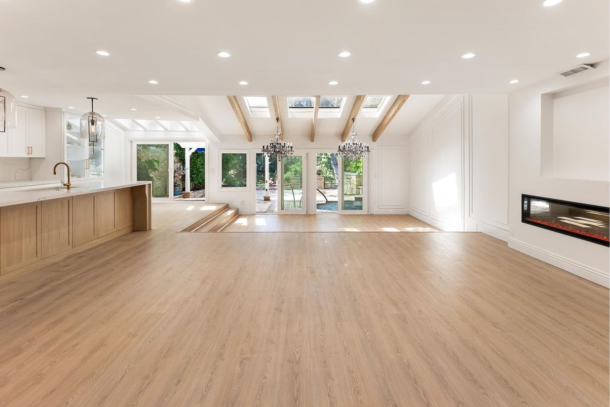 Empty room, Fireplace, Interior, Recessed Lighting, Wood Texture Flooring