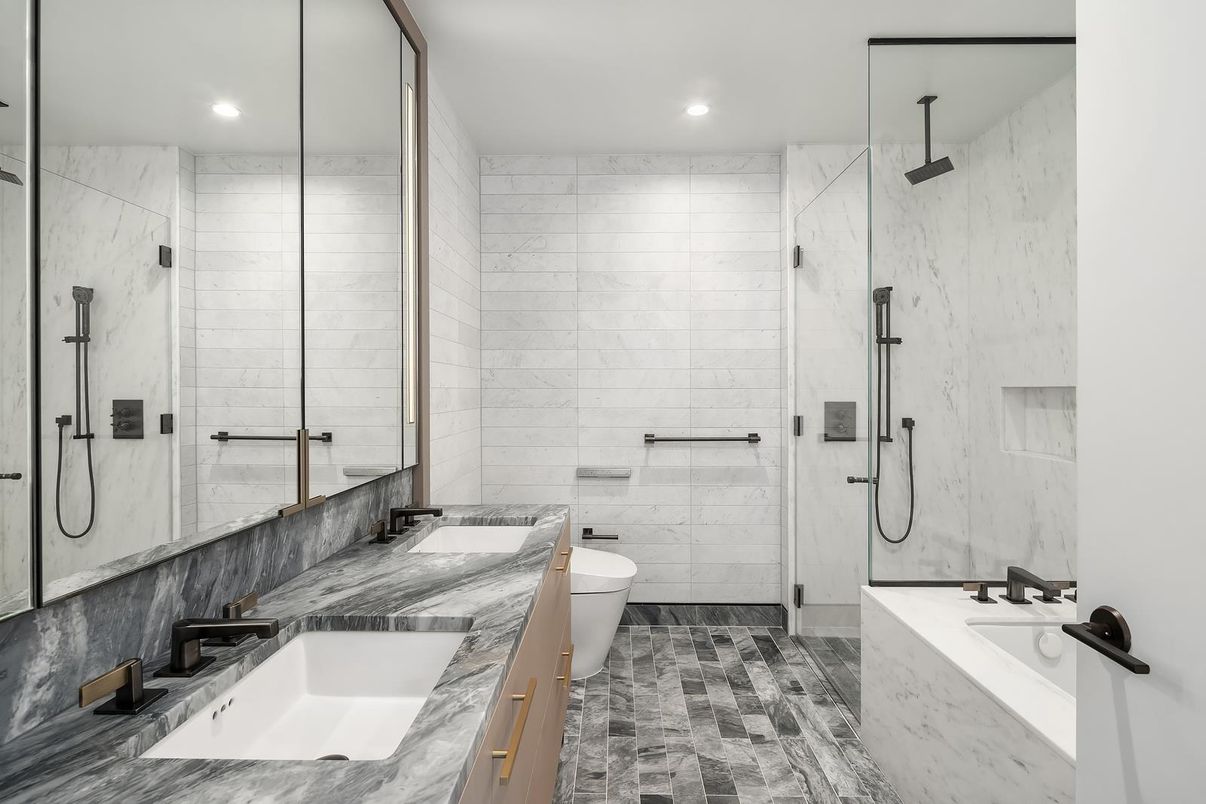Bathroom, Dual Sink Vanities, Glass Shower, Interior, Marble Walls, Recessed Lighting