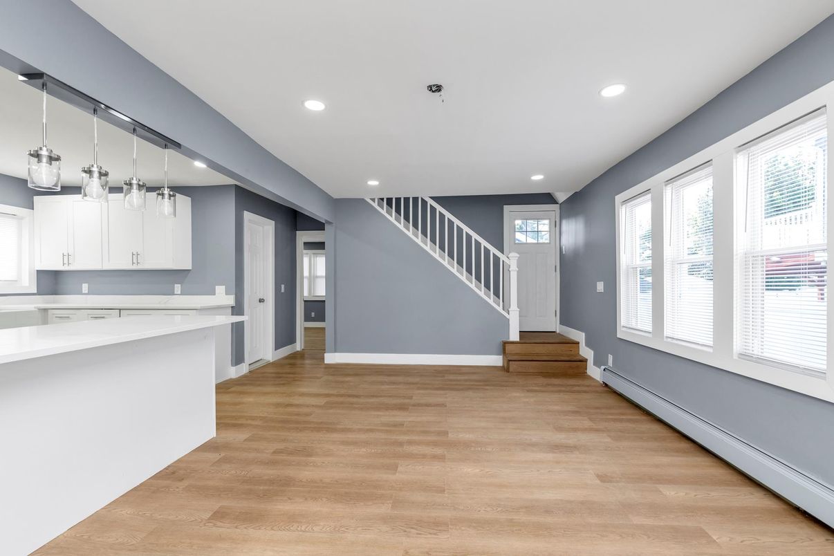 Interior, Kitchen, Pendant Lights, Recessed Lighting, Wood Texture Flooring