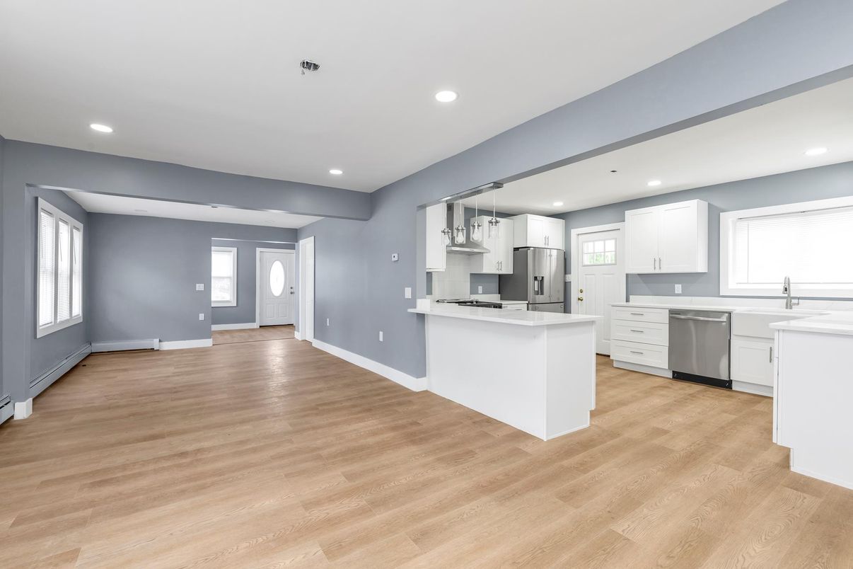 Interior, Kitchen, Recessed Lighting, Stainless Steel Appliances, Wood Texture Flooring