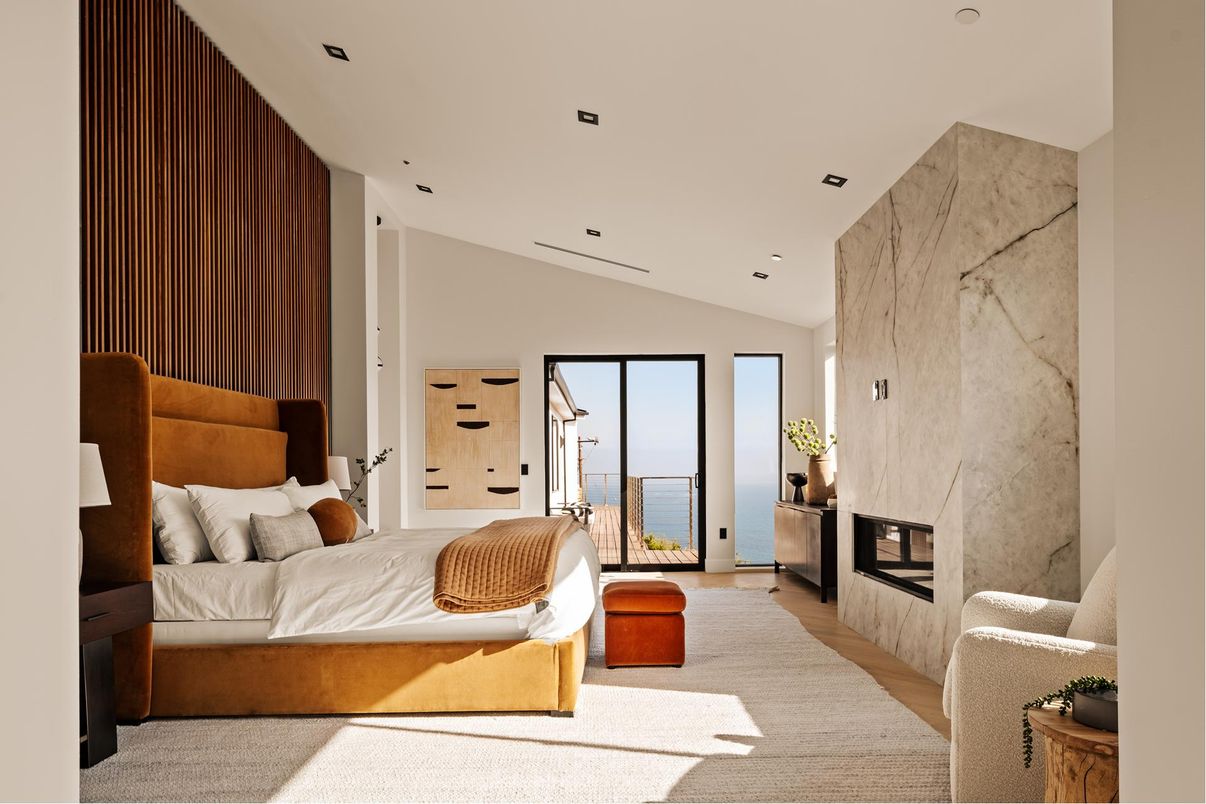 Bedroom, Fireplace, Interior, Marble Walls, Recessed Lighting, Water