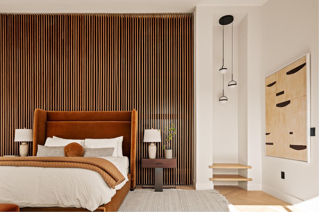 Bedroom, Interior, Pendant Lights, Wood Texture Flooring