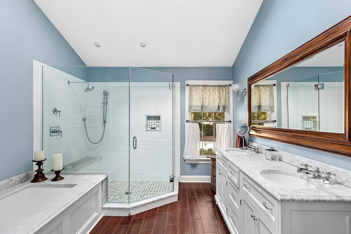 Bathroom, Dual Sink Vanities, Glass Shower, Interior, Recessed Lighting, Wood Texture Flooring