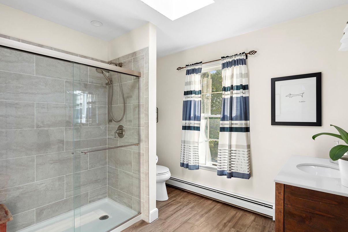 Bathroom, Glass Shower, Interior, Recessed Lighting, Wood Texture Flooring