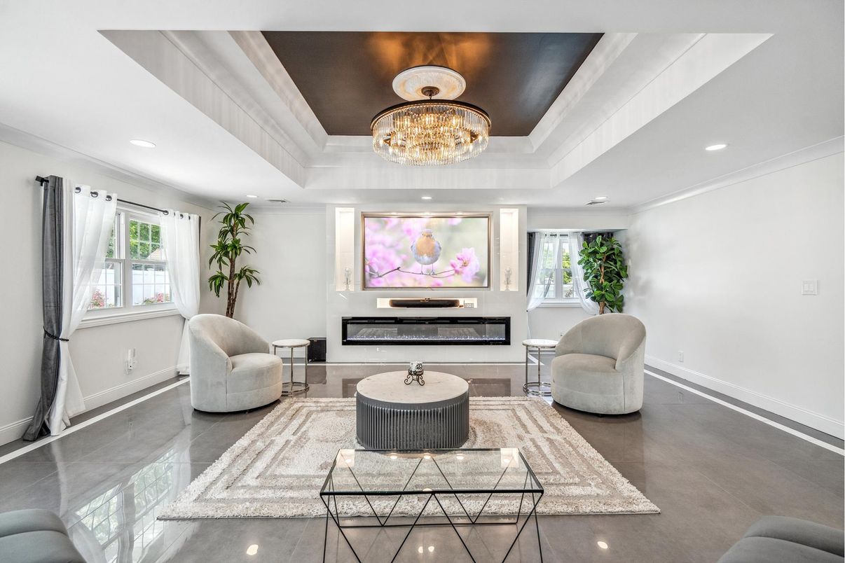 Chandelier, Fireplace, Interior, Living room, Recessed Lighting, Wood Texture Flooring