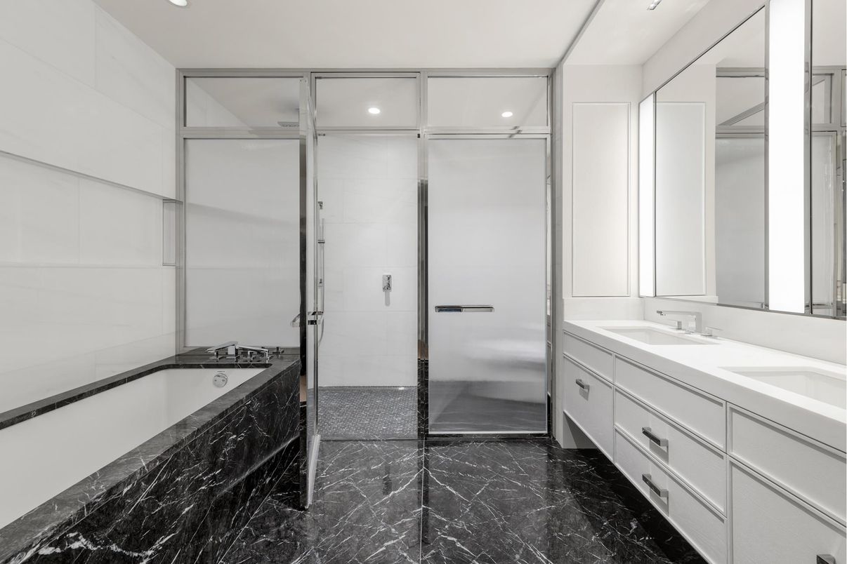 Bathroom, Dual Sink Vanities, Glass Shower, Interior, Marble, Recessed Lighting