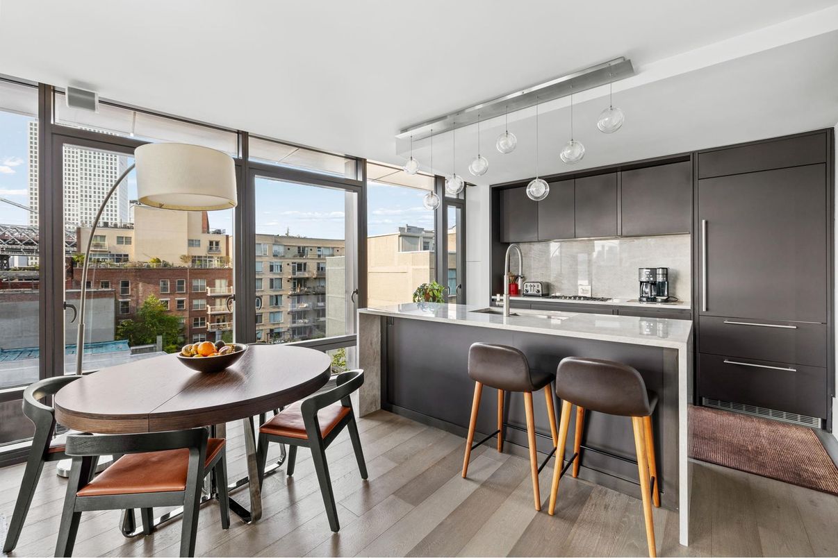 Dining room, Interior, Kitchen, Pendant Lights, Wood Texture Flooring