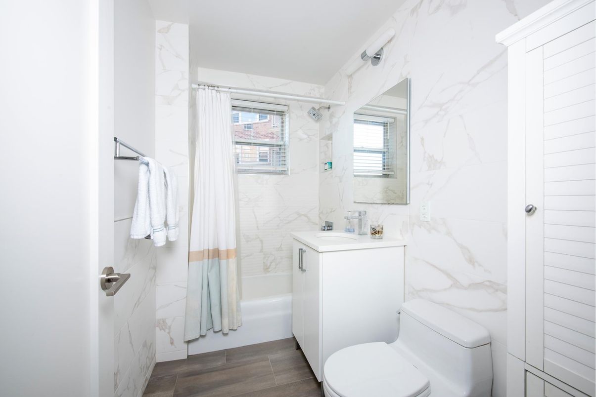 Bathroom, Interior, Marble Walls, Wood Texture Flooring
