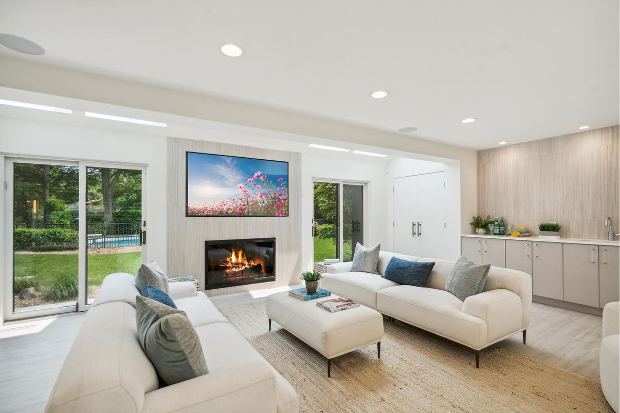 Fireplace, Interior, Living room, Recessed Lighting, Wood Texture Flooring