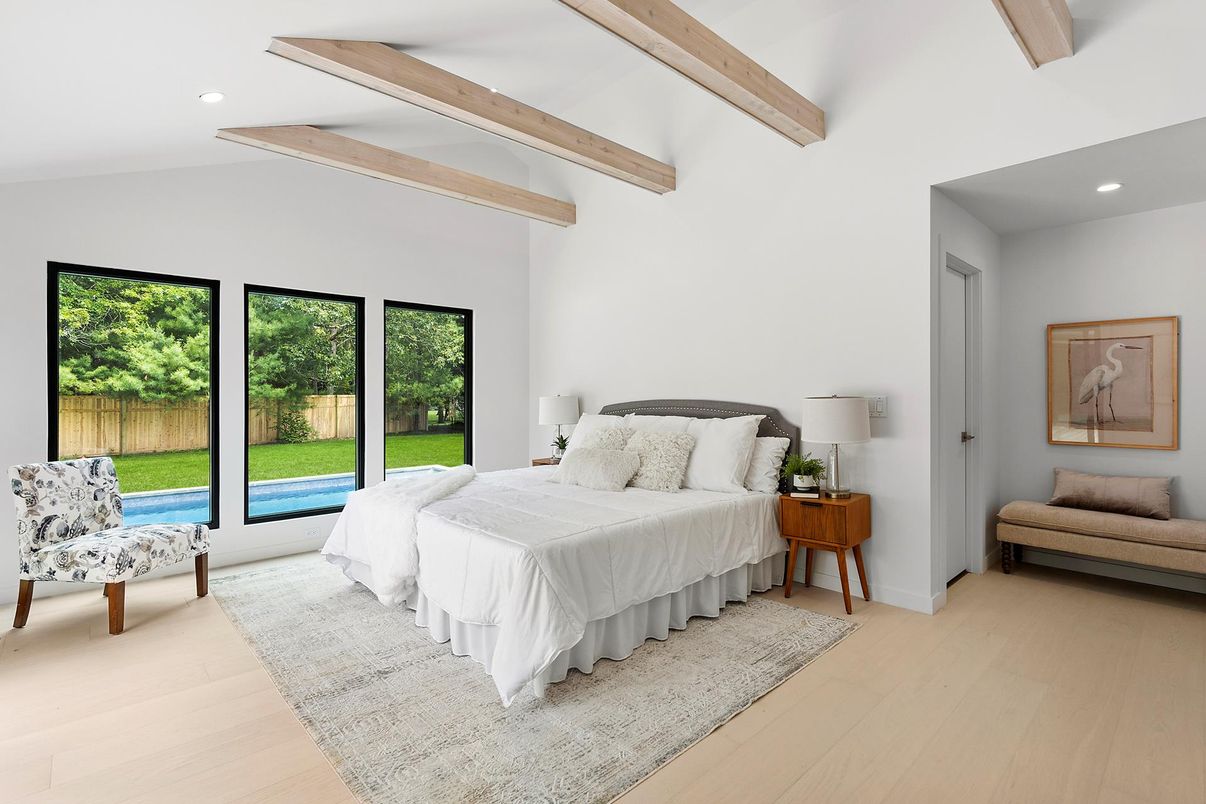 Bedroom, Interior, Recessed Lighting, Wooden Beams, Wood Texture Flooring