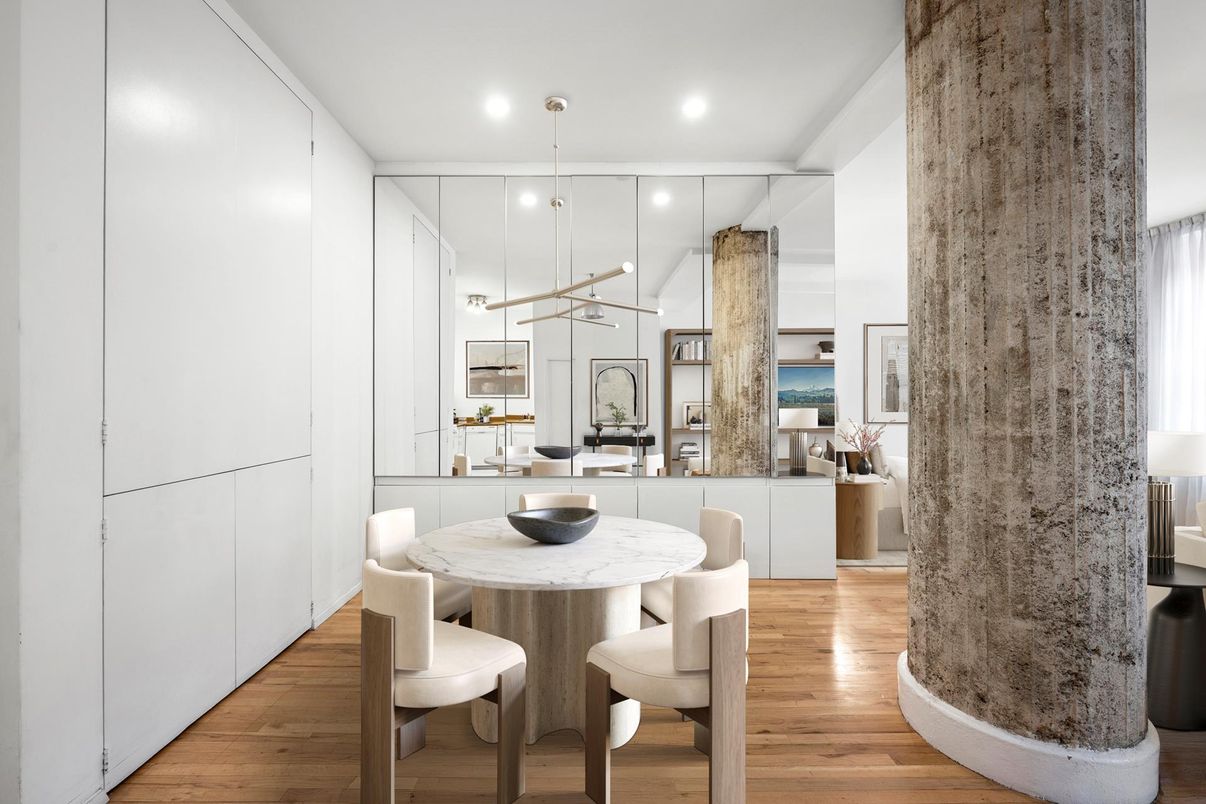 Dining room, Interior, Pendant Lights, Recessed Lighting, Wood Texture Flooring
