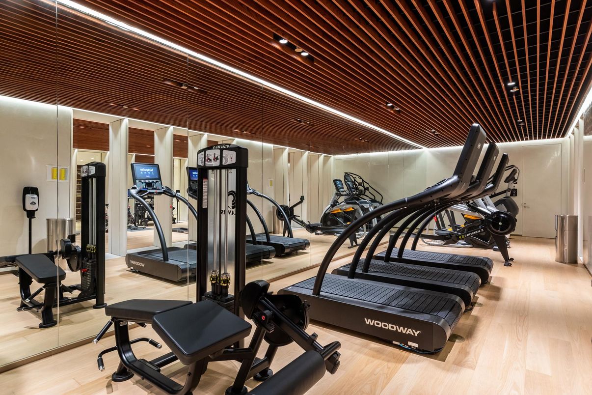 Fitness Equipment, Gym, Interior, Recessed Lighting, Wood Texture Flooring