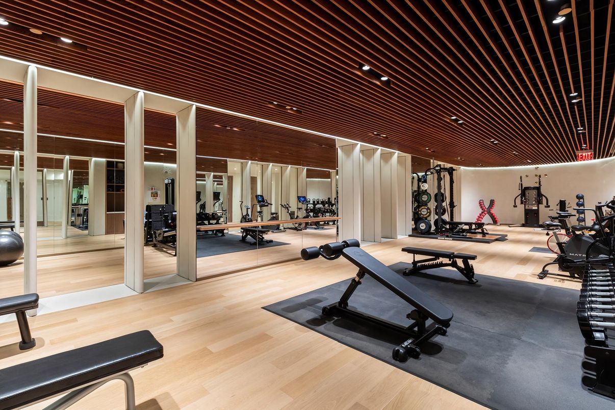 Fitness Equipment, Gym, Interior, Recessed Lighting, Wood Texture Flooring