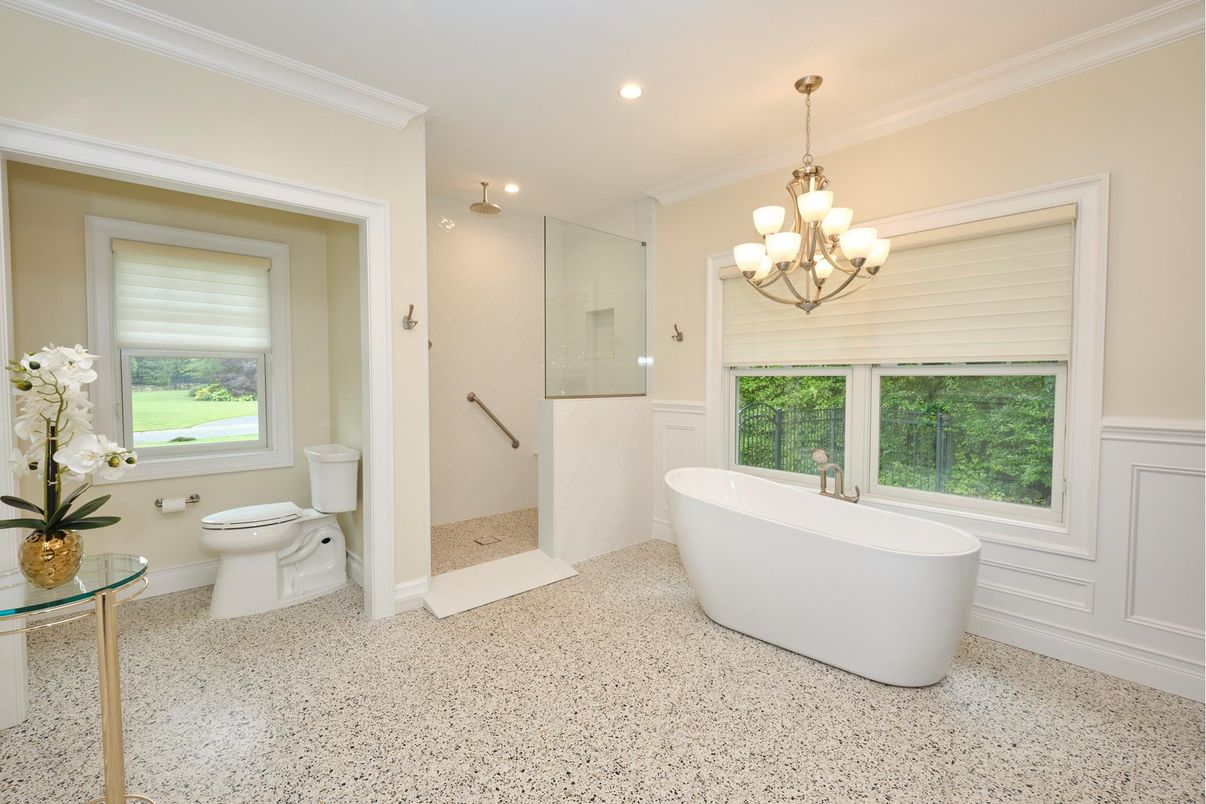 Bathroom, Chandelier, Free Standing Baths, Glass Shower, Interior, Recessed Lighting