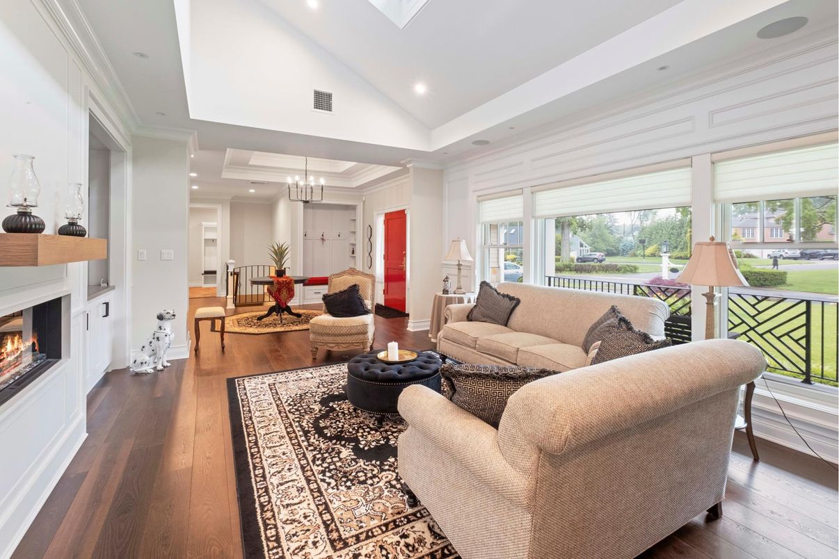Chandelier, Fireplace, Interior, Living room, Recessed Lighting, Wood Texture Flooring