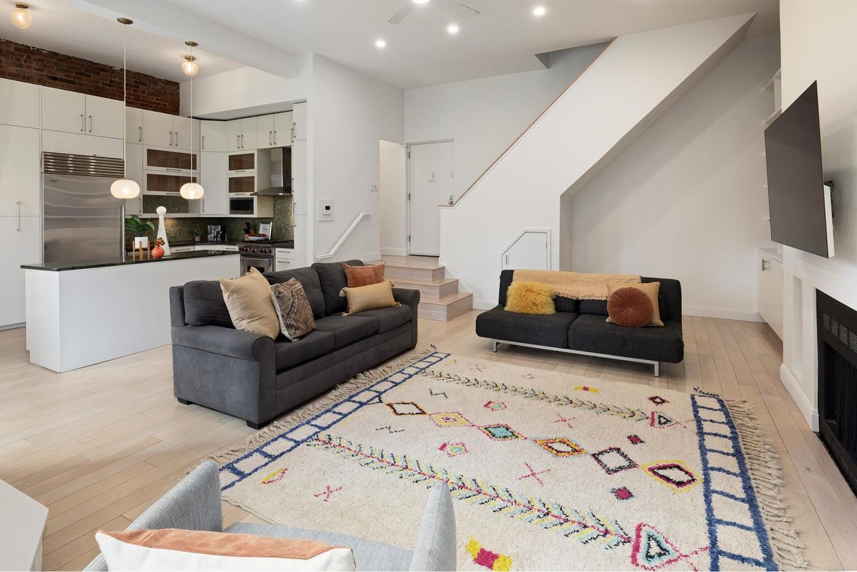 Fireplace, Interior, Kitchen, Living room, Pendant Lights, Recessed Lighting, Wood Texture Flooring