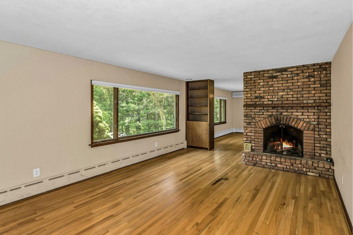 Empty room, Fireplace, Interior, Stone Walls, Wood Texture Flooring