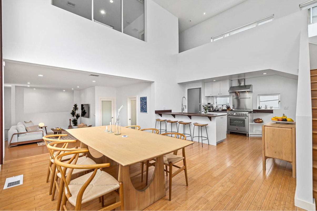 Dining room, Interior, Kitchen, Recessed Lighting, Stainless Steel Appliances, Wood Texture Flooring